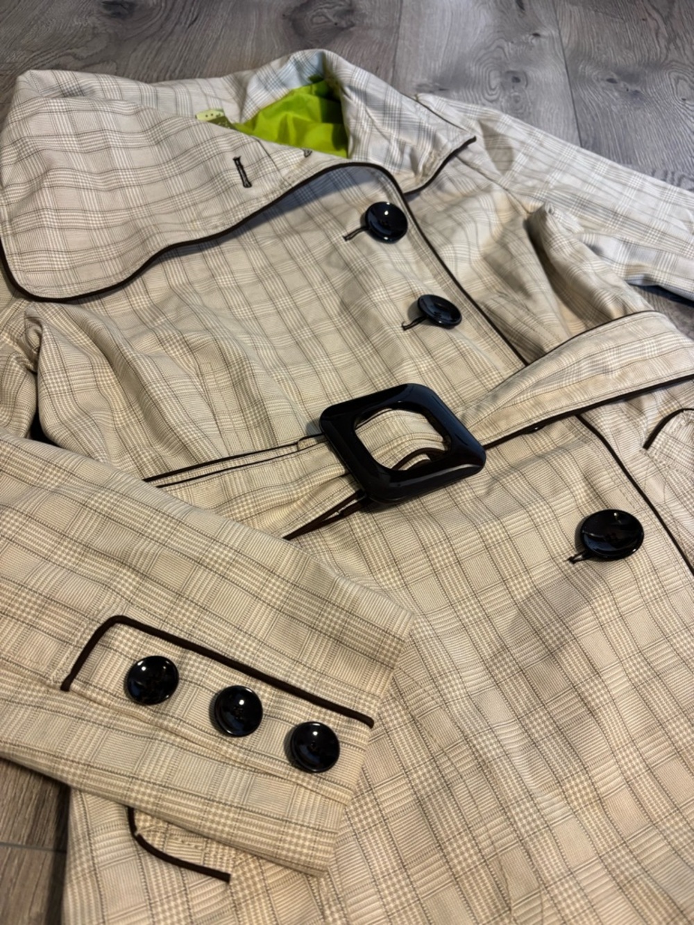 Soia & Kyo Cream Plaid Trench Coat with Black Trim - Picture 3 of 7